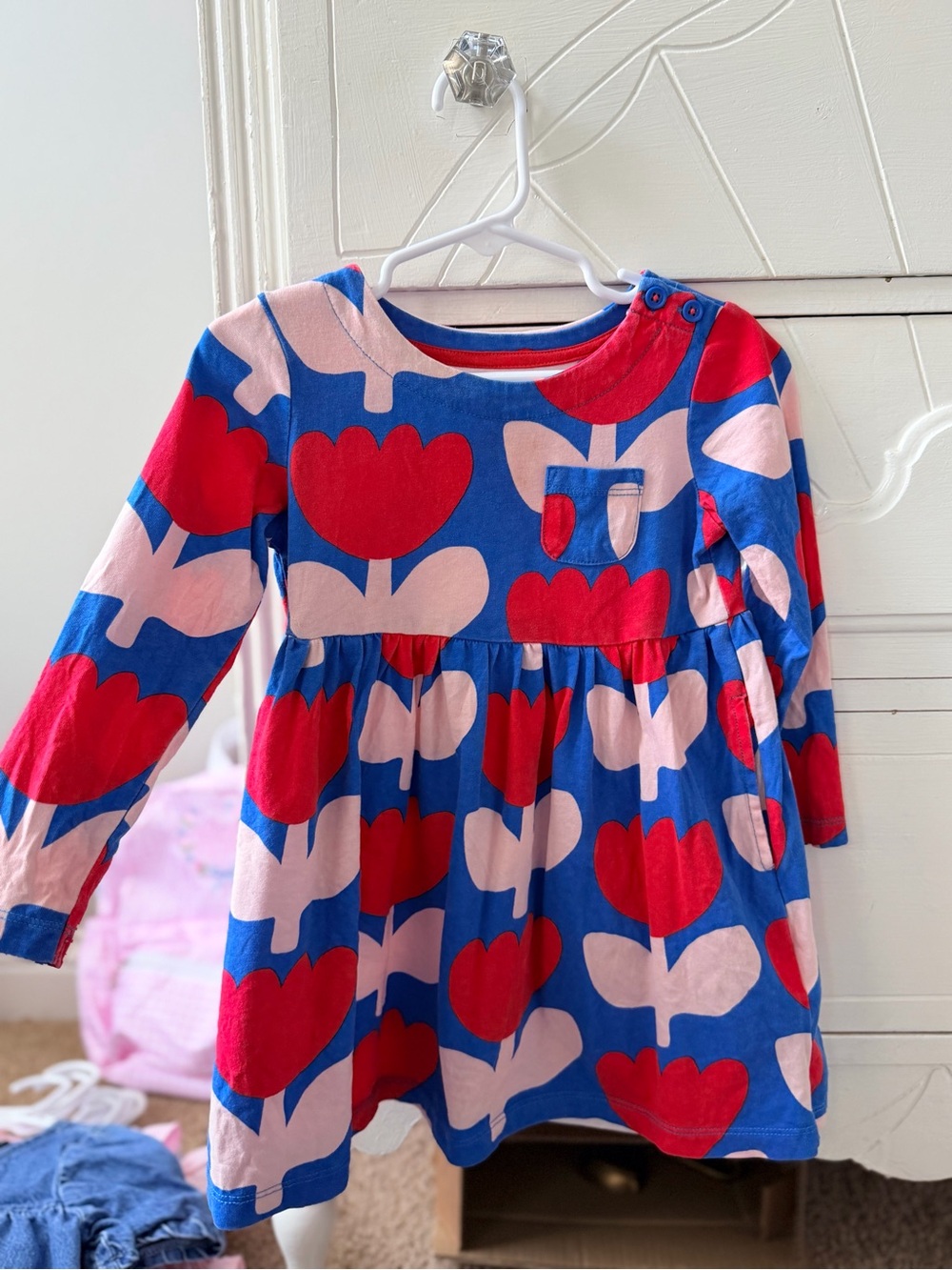 Mini Boden 2-3Y Blue, Red & Pink Floral Long-Sleeve Dress